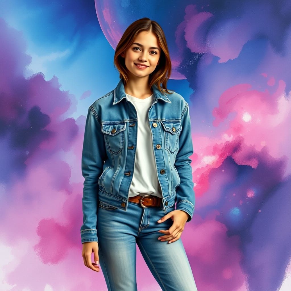 Young Woman Posing Before Nebula Watercolor Digital Painting