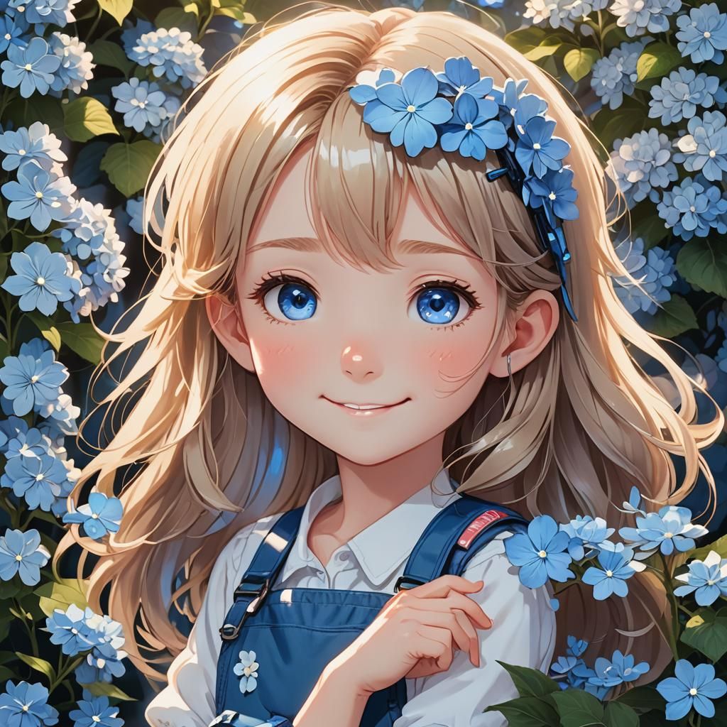 Anime Girl with Blue Hydrangea Hair Clips