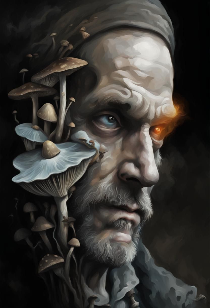 Viking with Magic Mushrooms in Eerie Oil Painting
