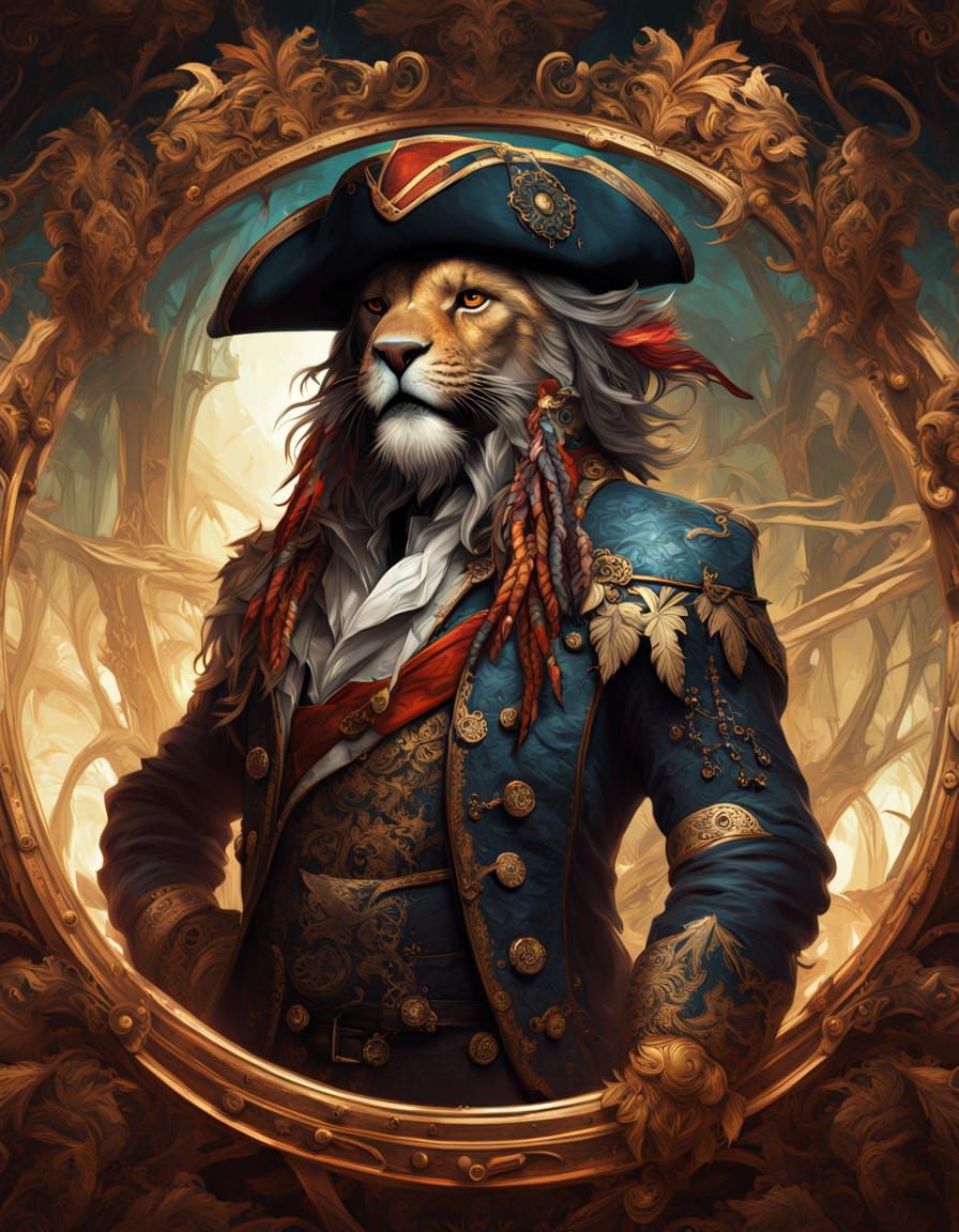 Lion Pirate Captain on Tropical Island, Dark Fantasy Art