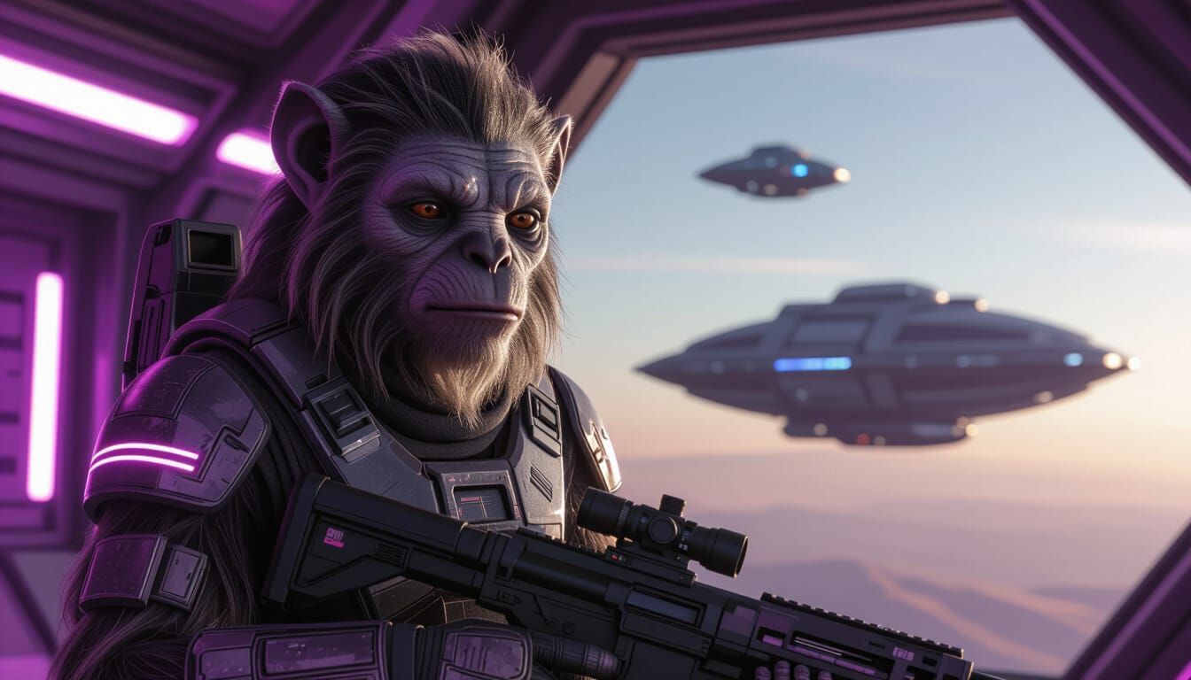 Ape-like Humanoid in Indigo Spacesuit with Plasma Rifle