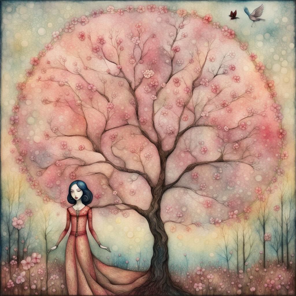 Transparent Woman with Cherry Blossoms in Art Brut Style