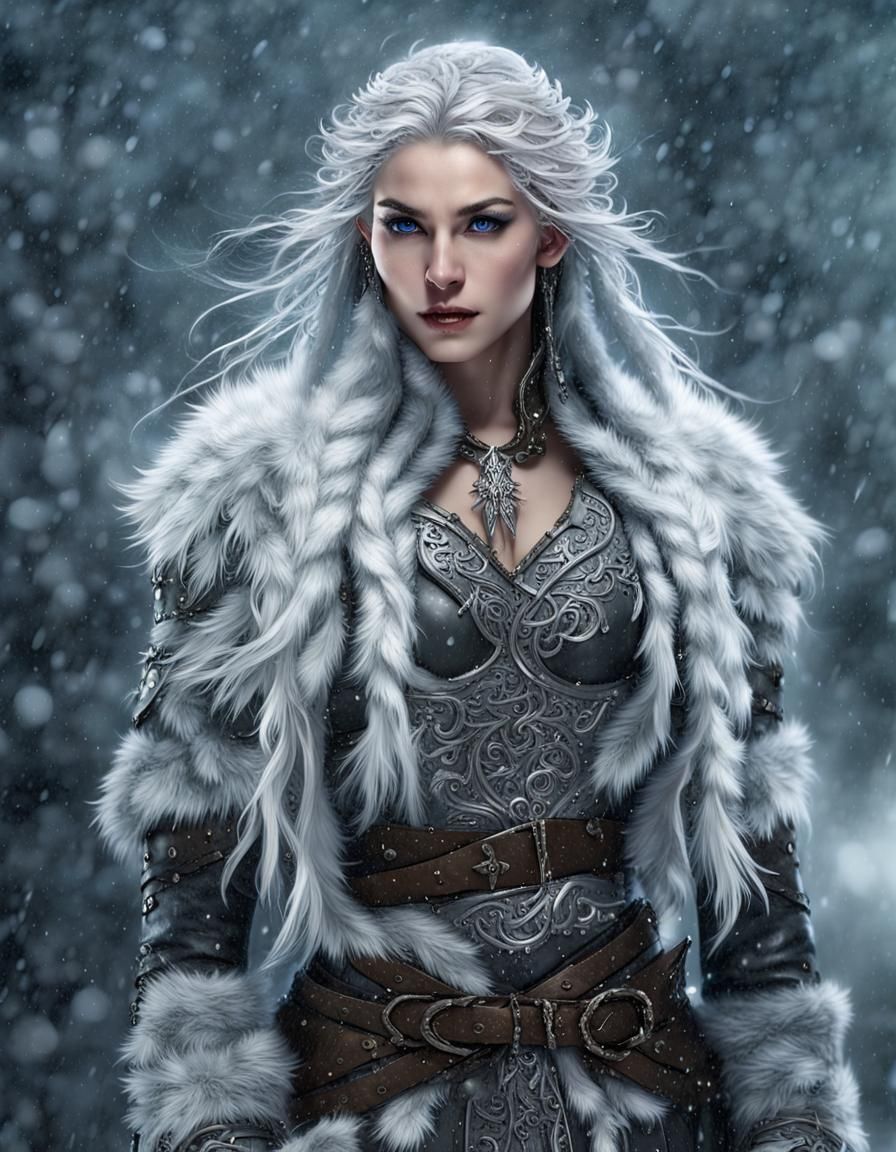 Elven Warrior Woman in Snowstorm