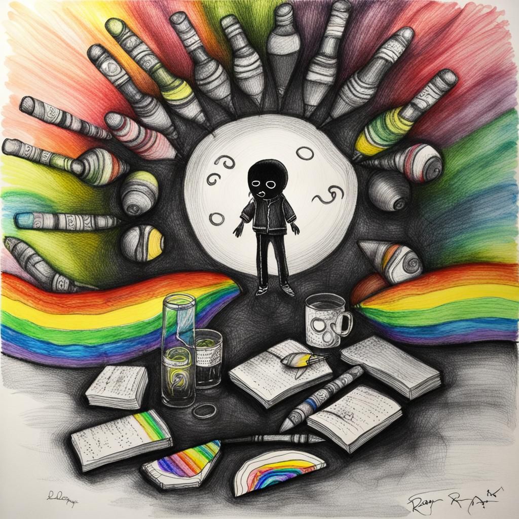 Sad Goth Teenager Drinking Lemonade in Surreal Crayon Drawin...