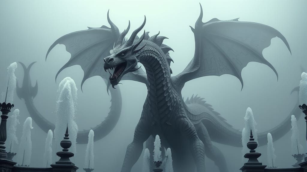 Gothic Dragon Sculpture with Misty Fountains