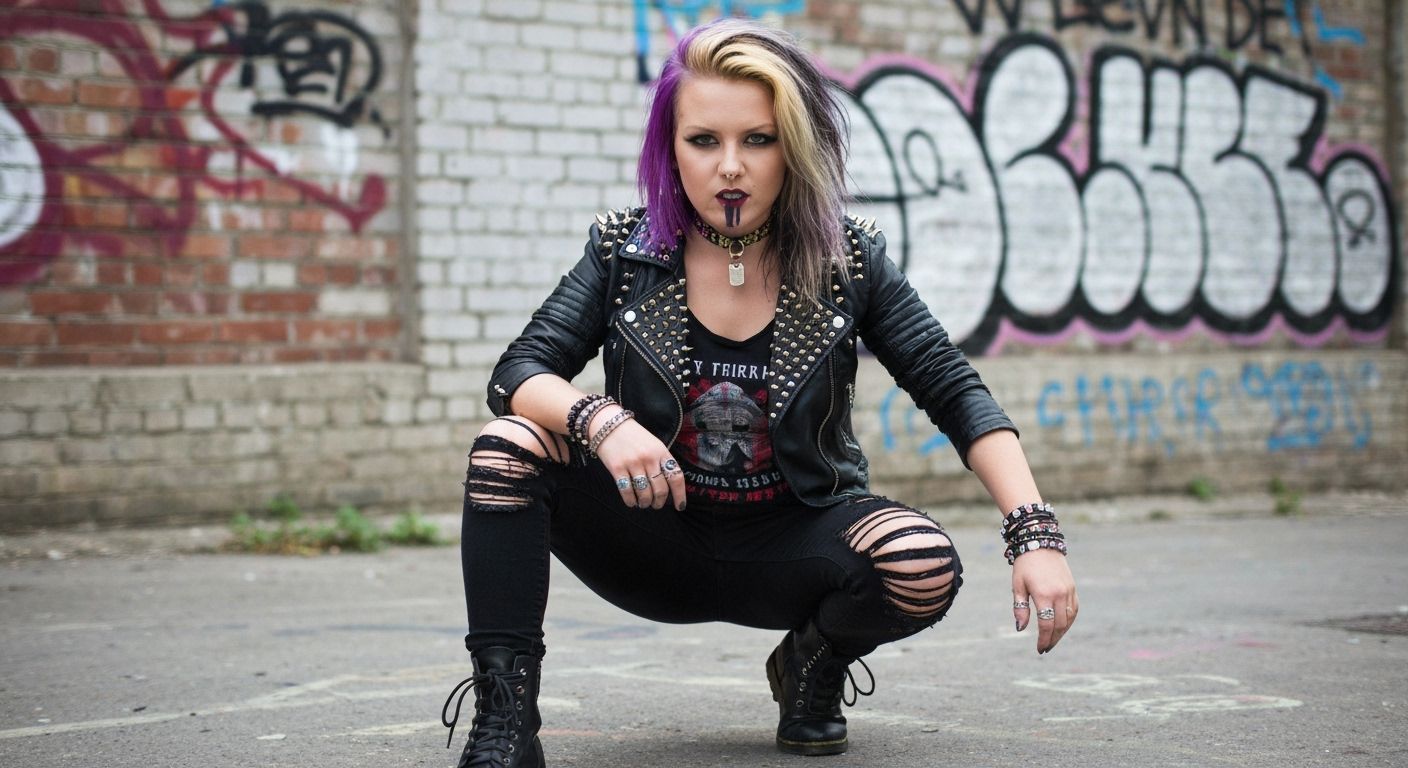Punk Girl with Purple Hair in Skate-Punk Style