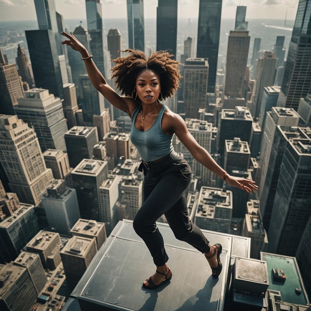 Black Woman Dance Pose on Skyscrapers: Cinematic Film Still