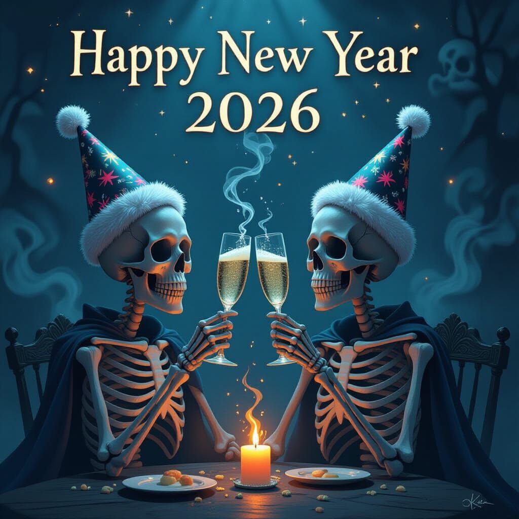 Skeletons Toasting New Year 2026 in Dark Fantasy Style