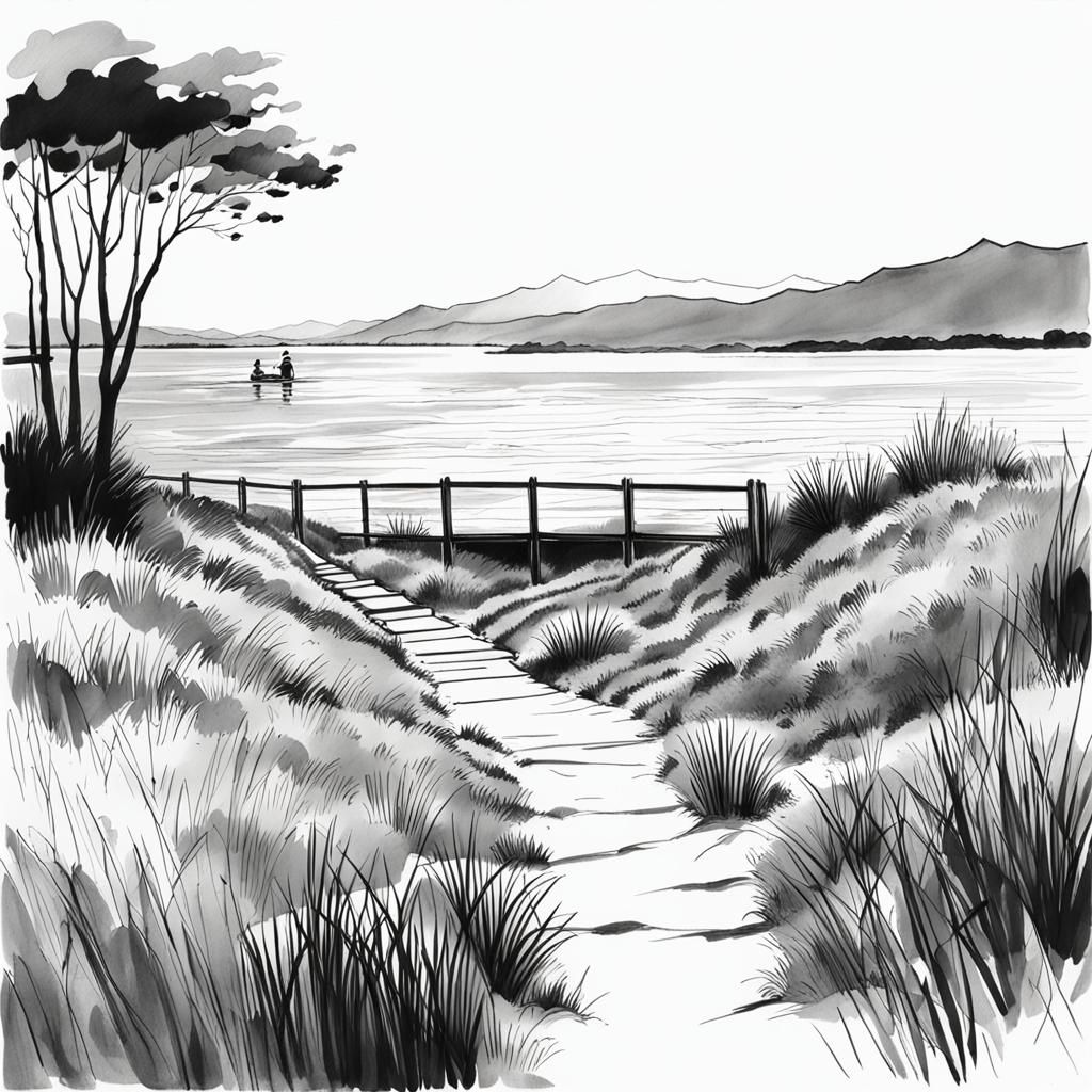 Minimalist Black and White Bay Flatlands Sketch