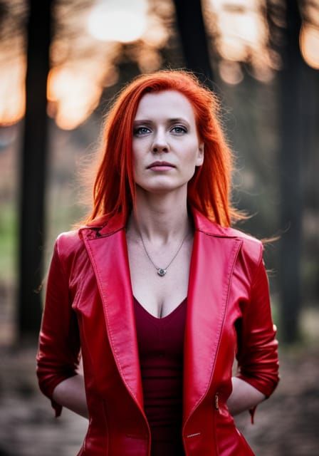 Red-Haired Woman in Red Leather, Professional Photography