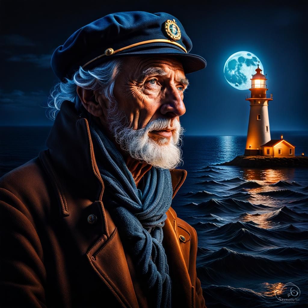 Moonlit Lighthouse Keeper Portrait in Hyperrealistic Style