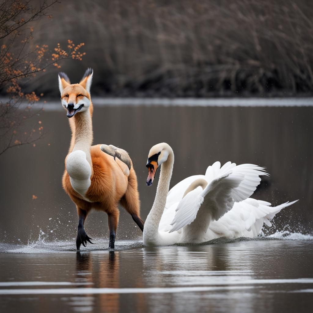 Swan Attacks Fox in River