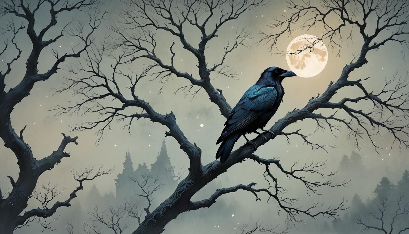 Raven in Mystical Mist with Calligraphy Script