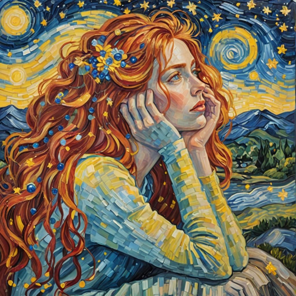 Woman with Red Hair in Van Gogh Style
