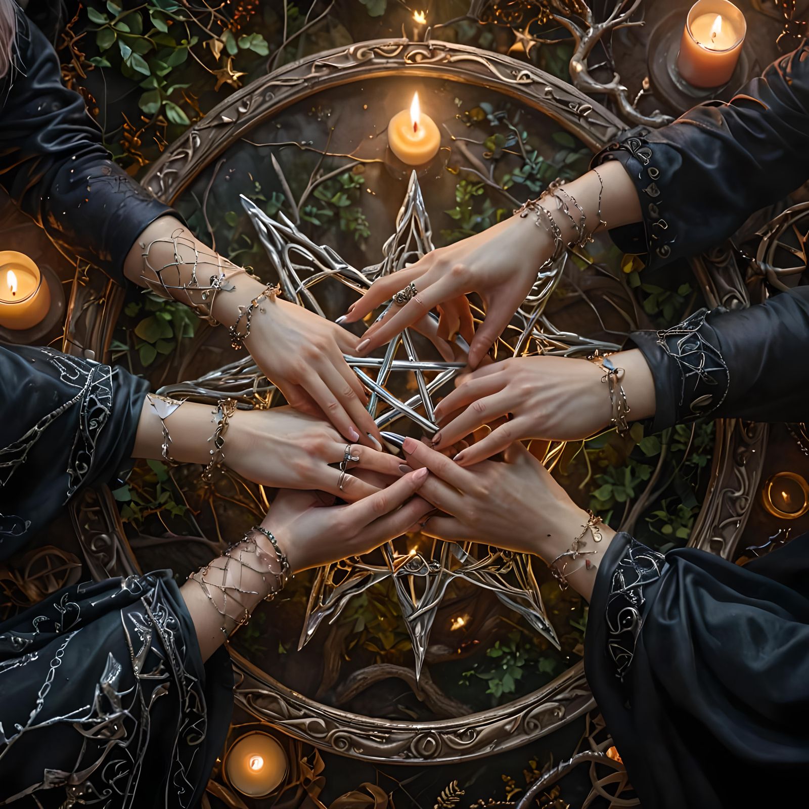 Hyperrealistic Witches Circle Around Pentagram