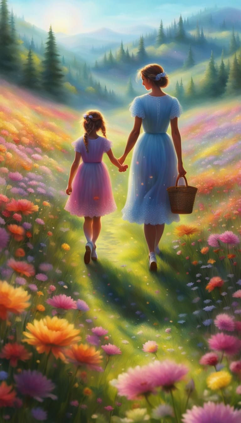 Mother and Daughter in Sunny Flower Meadow