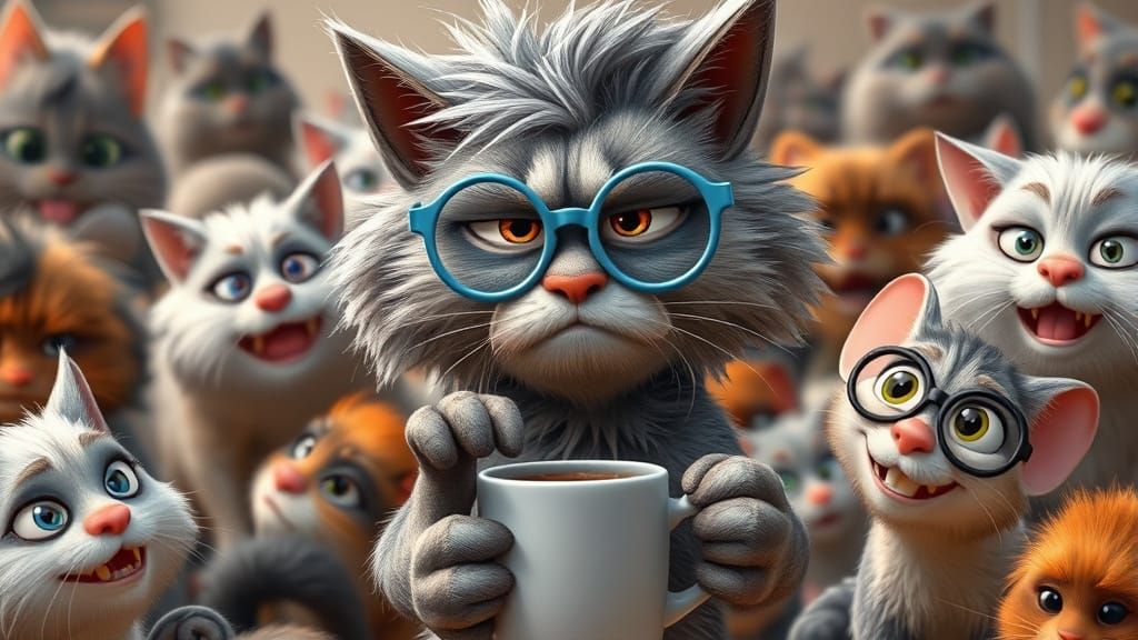 Grumpy Old Cat Surrounded by Messy Cats in Pixar Style