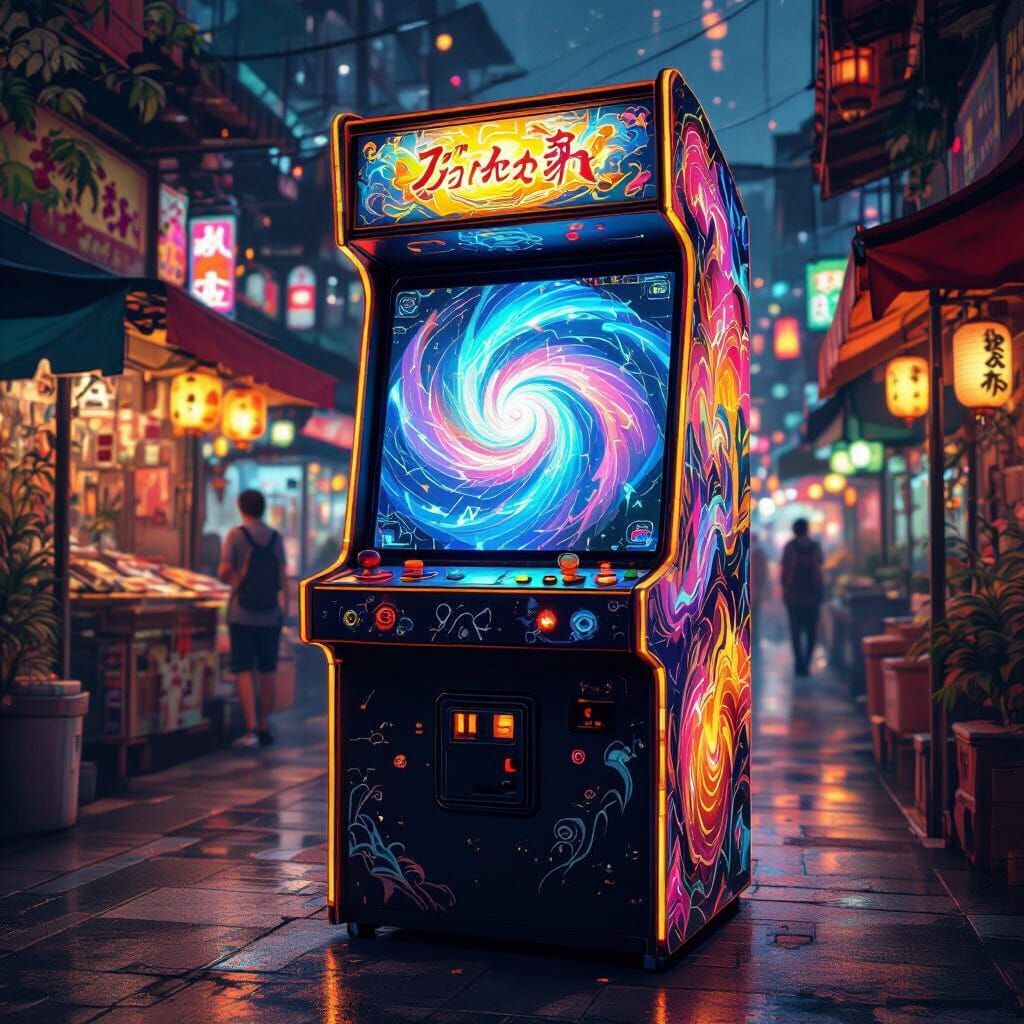 Glowing Arcade Cabinet in Futuristic Night Market