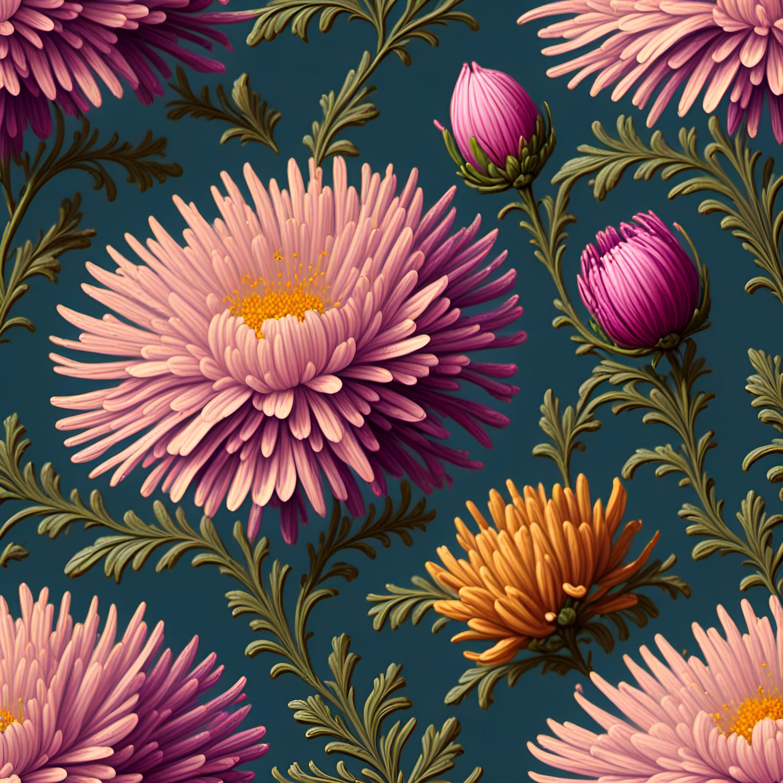 Aster Flower Stamp in Mid-Century Illustration Style