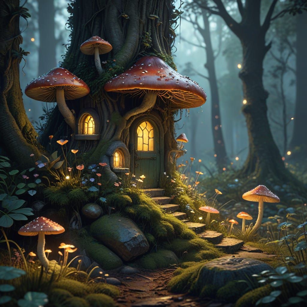 Whimsical Mushroom Village in a Dreamy Forest
