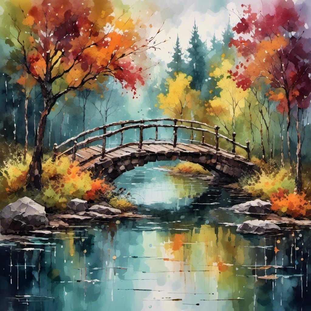 Bridge Over Serene Waters in Rainy Autumn
