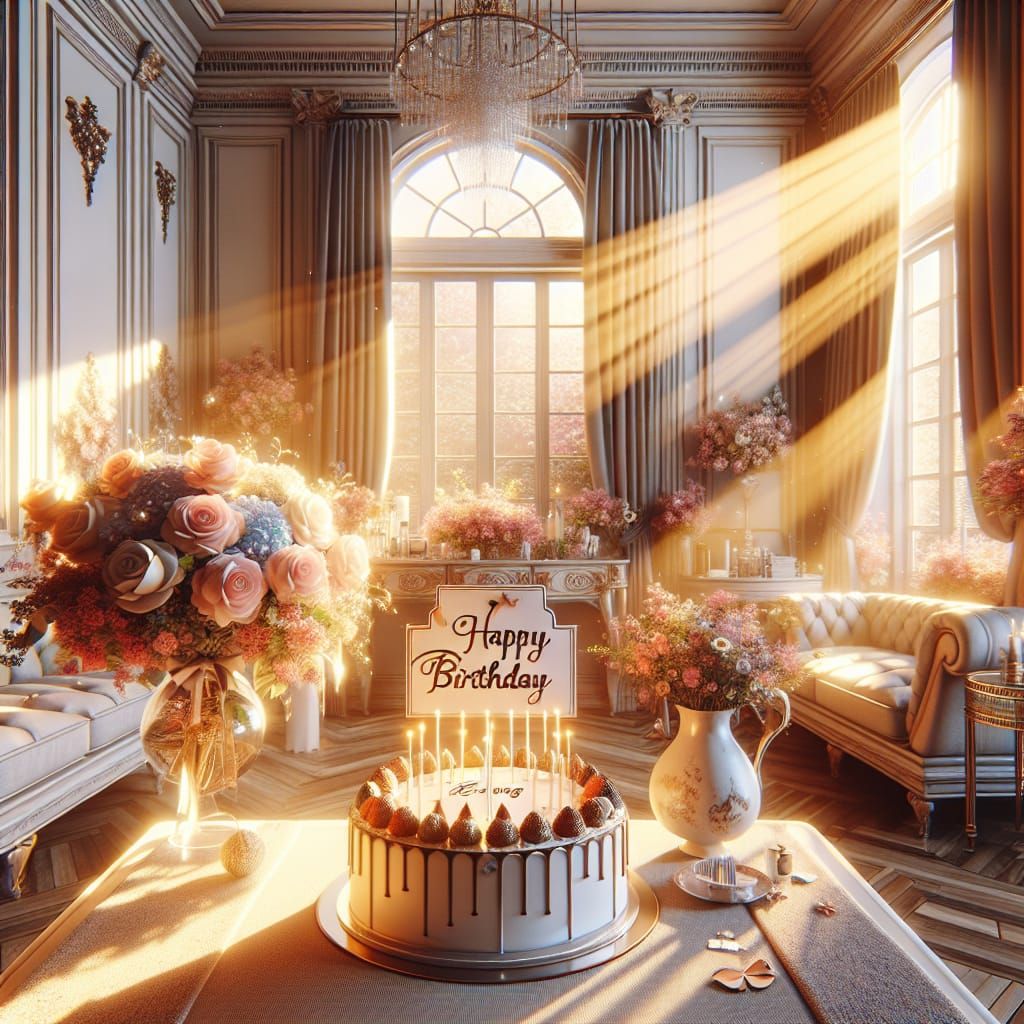 Happy Birthday Cake in a Sunlit Room
