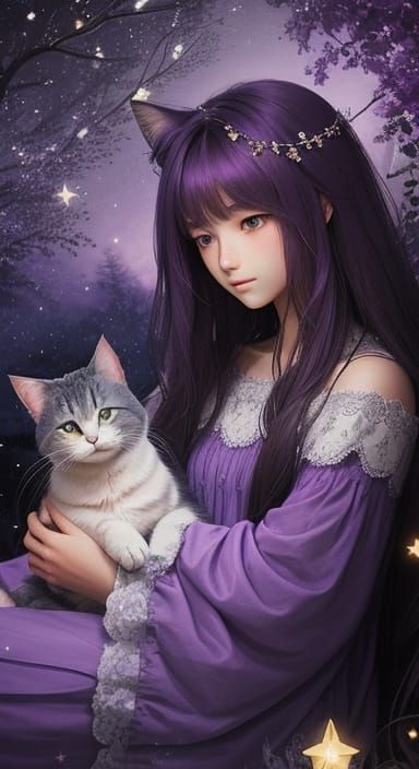 Cat Under Starry Sky in Dreamy Purple Hues