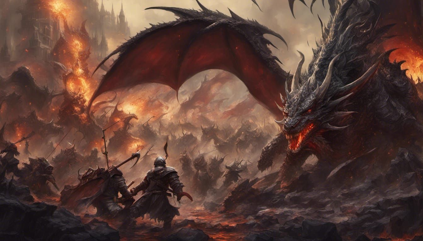 Epic Knight and Dragon War in Dark Fantasy Style