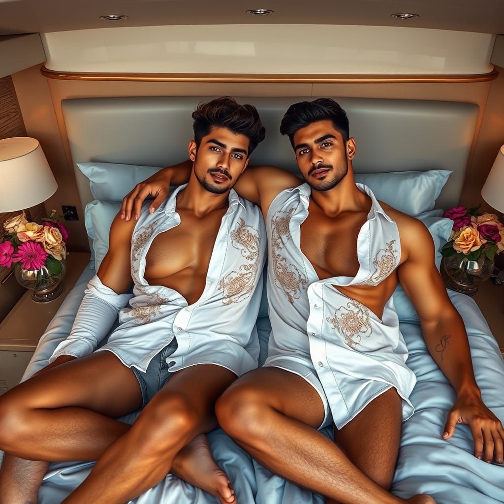 Muscular Indian Men in Yacht Cabin, Surrealist Style