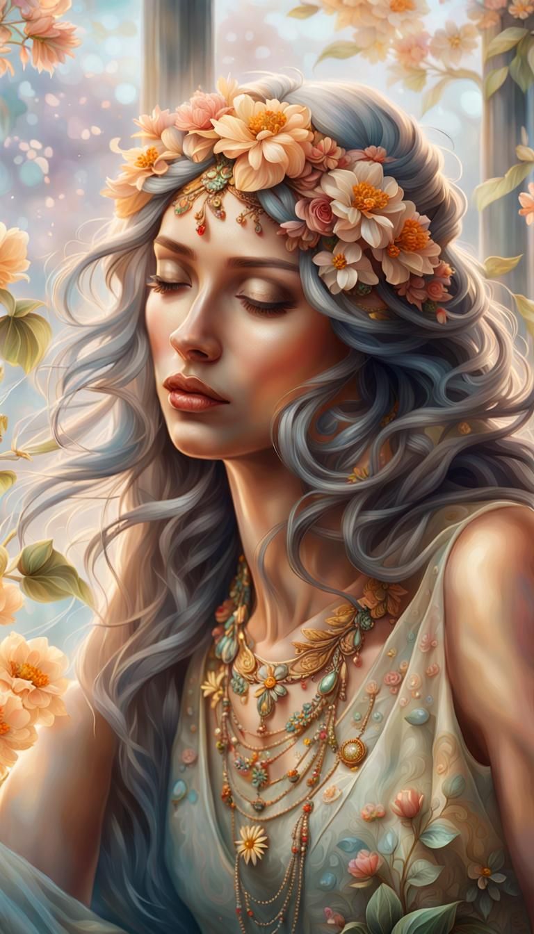 Glamorous Art Nouveau Woman in Sleeping Dress with Floral Je...