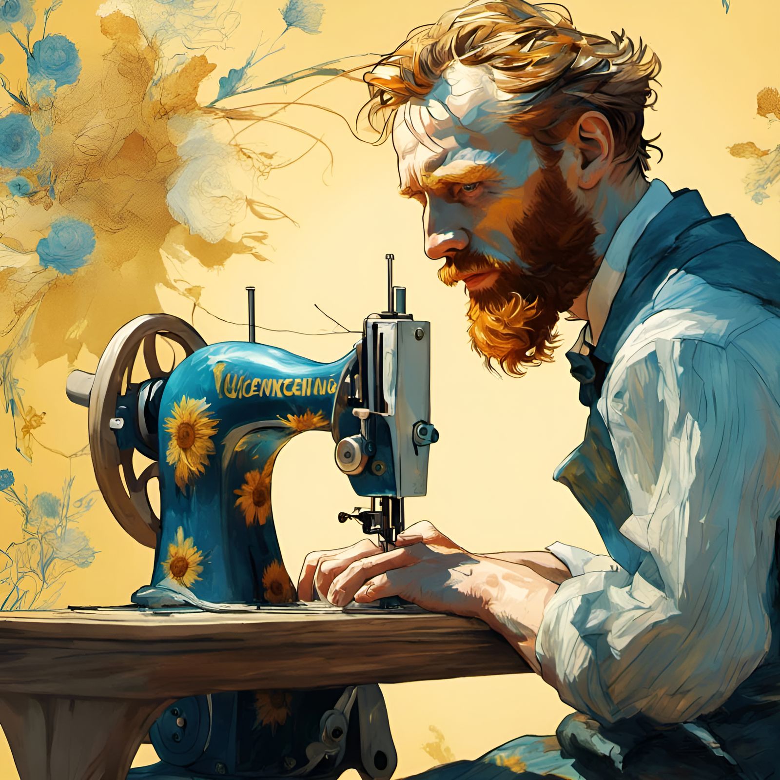 Van Gogh Using Sewing Machine, Digital Illustration