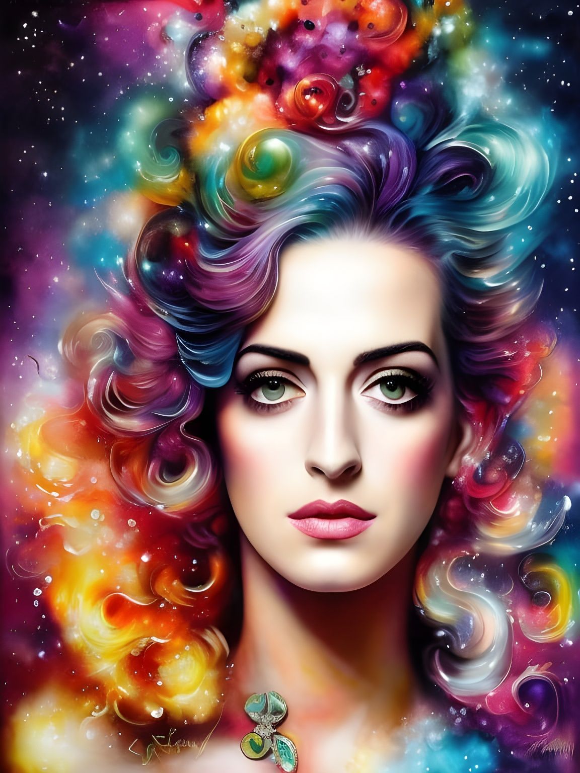 Goddess Portrait in Colorful Splatter Impasto Style