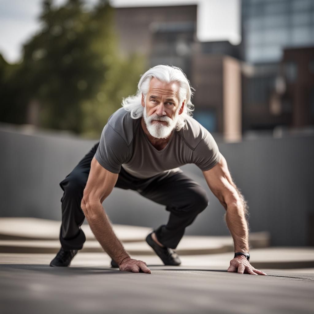 Muscular White-Haired Man Practicing Parkour: Sharp Focus