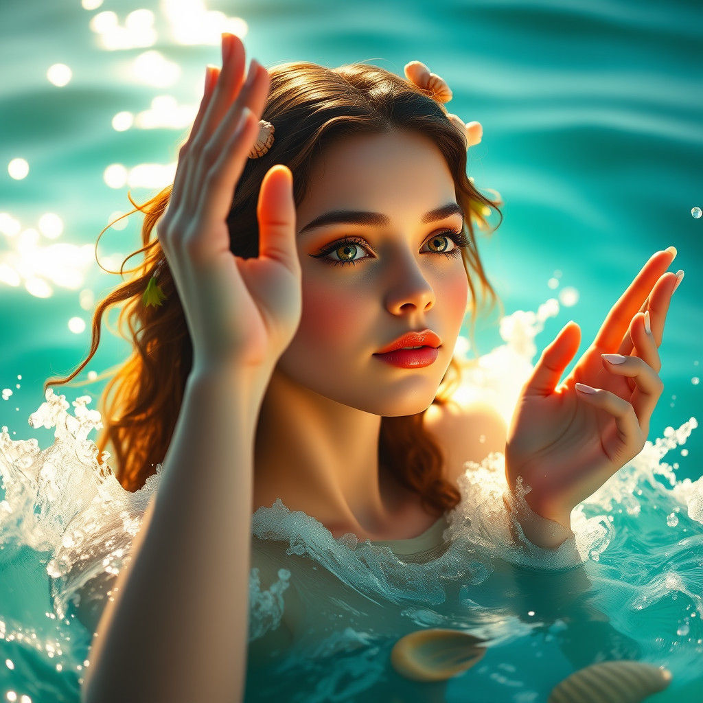 Fantasy Girl Reaching for Light in Ocean
