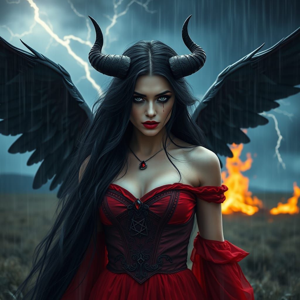 Stunning Female Goddess with Dark Wings and Red Dress