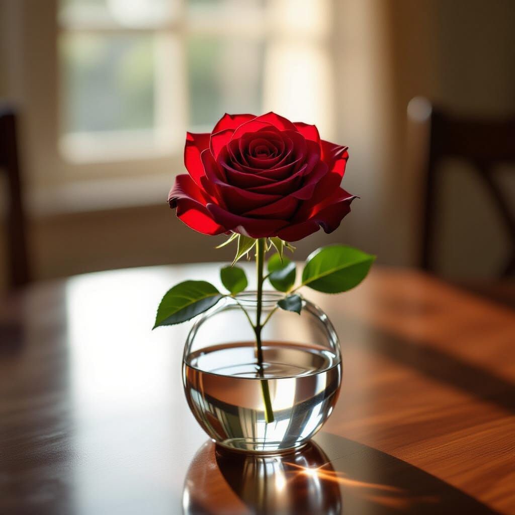 Perfect Red Rose in Vase: Photorealistic Close-Up