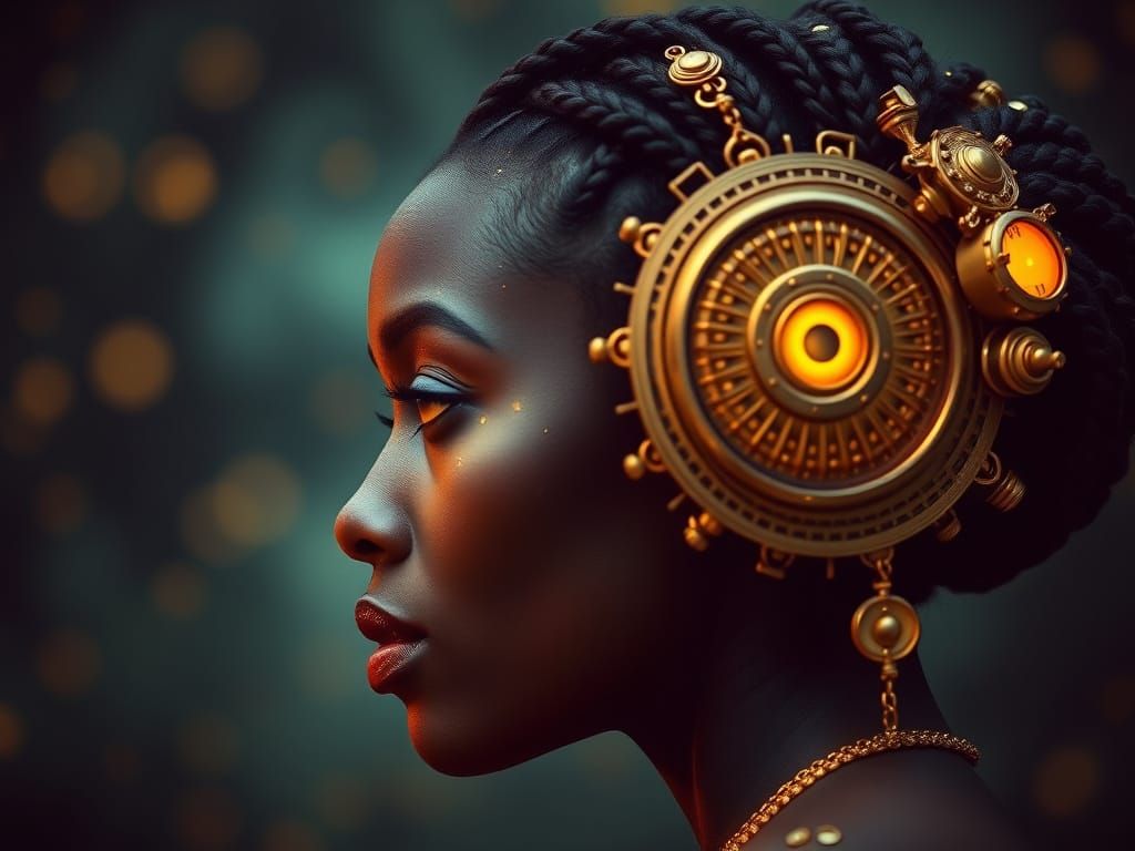 African American Woman with Golden Steampunk Headpiece in Fo...