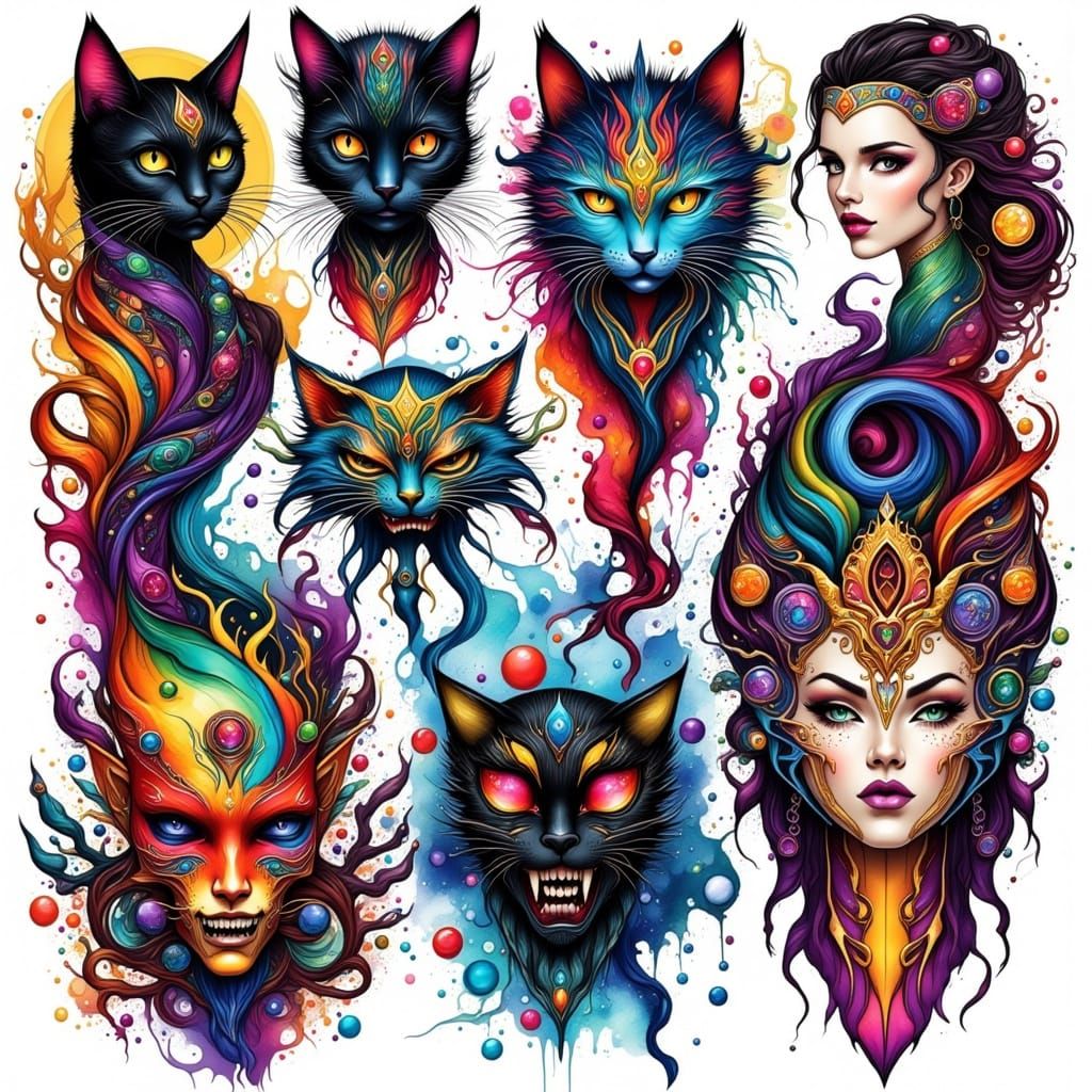 Zodiac Cat Goddess Tattoo Designs in Colorful Ink
