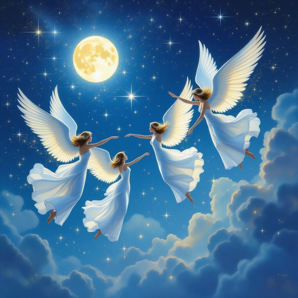 Ethereal Angels Leap Between Stars Under Bright Moon