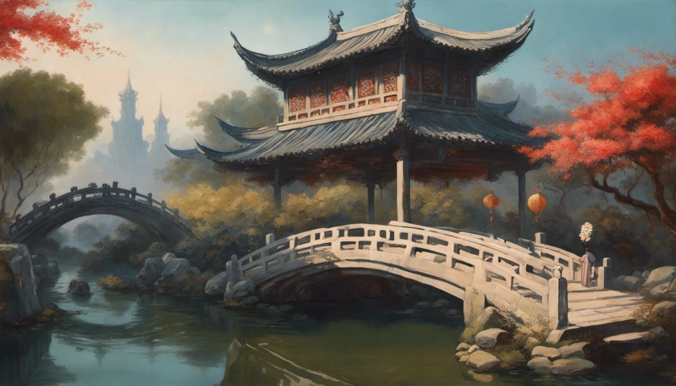 Night Garden with Floating Lotuses: Horror Illustration