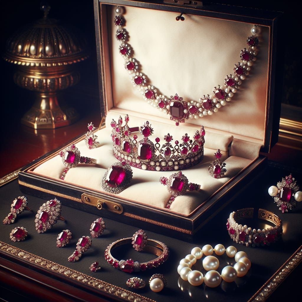 Exquisite Ruby and Pearl Parure in Vintage Style