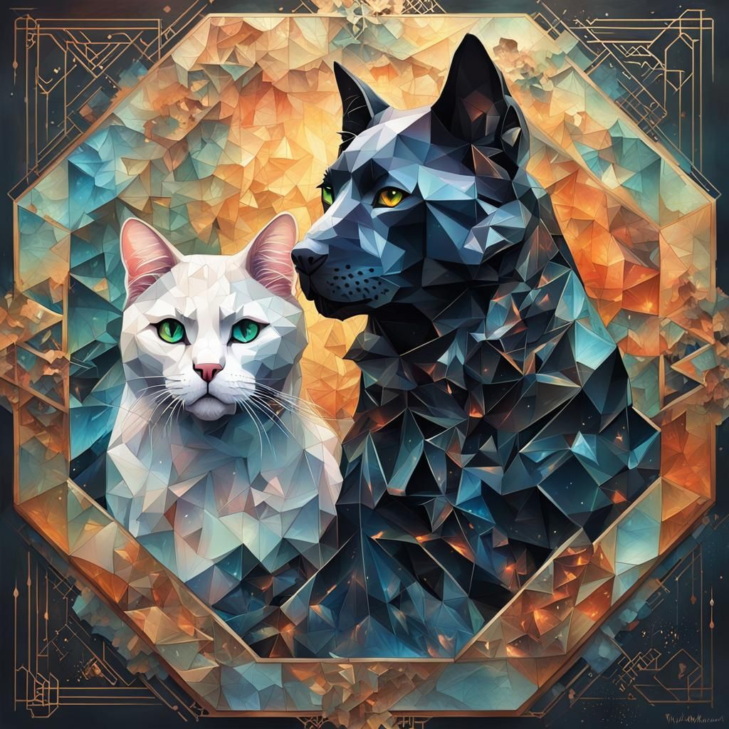 Mosaic Ink Painting of Cat and Dog in Polygonal Art