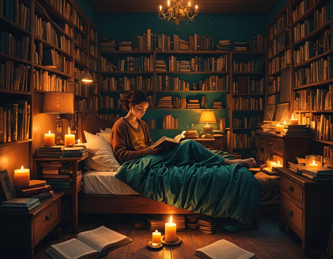 Cozy Bedroom at Night in Alphonse Mucha Style