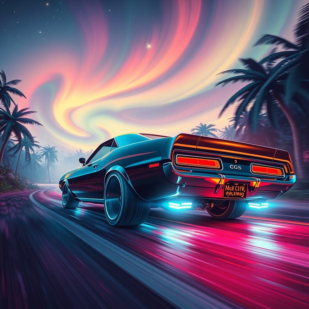 Retro-Futuristic Car Races Through Bioluminescent Jungle