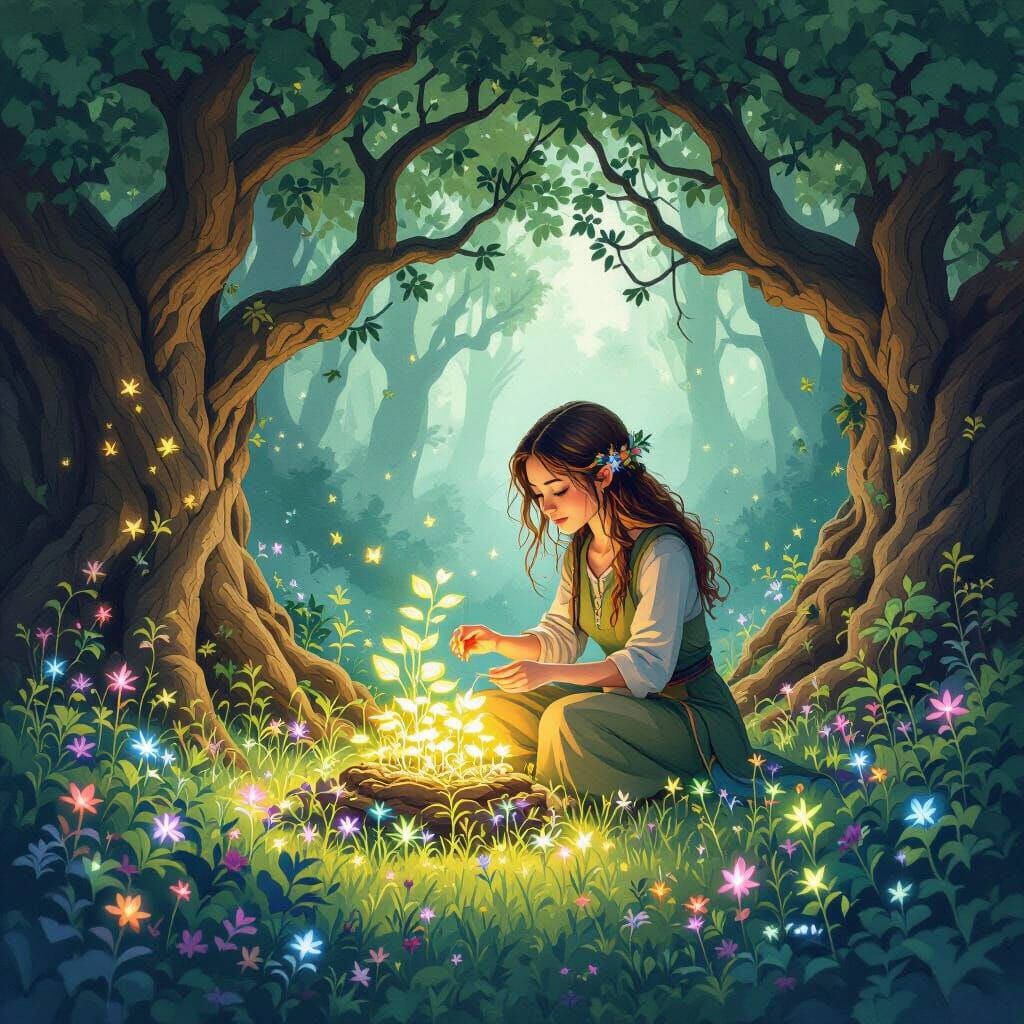Luminous Glade Herbalist in Watercolor Style