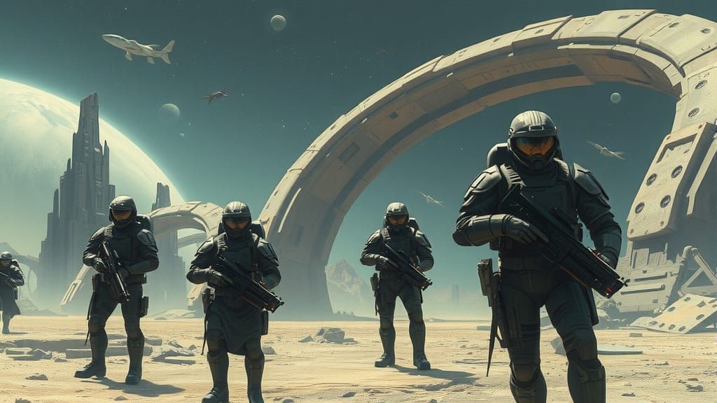 Space-Marines Squad Explores Alien Ruins in Cyberpunk Future