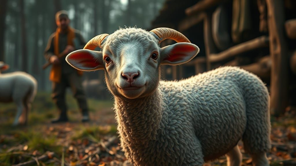 Nervous Lamb on Farm with Dramatic Lighting