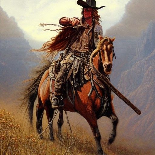 Cattlepunk Hero in Weird West Oil Painting