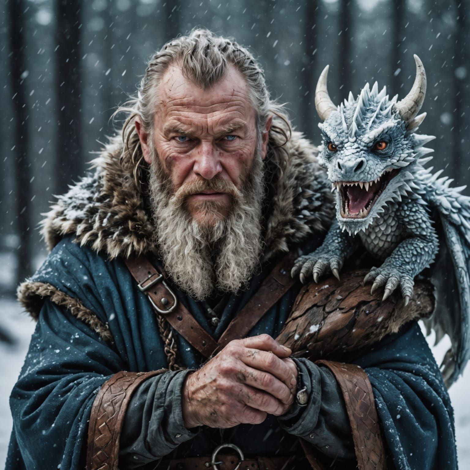 Viking and Dragon in Winter Snowstorm