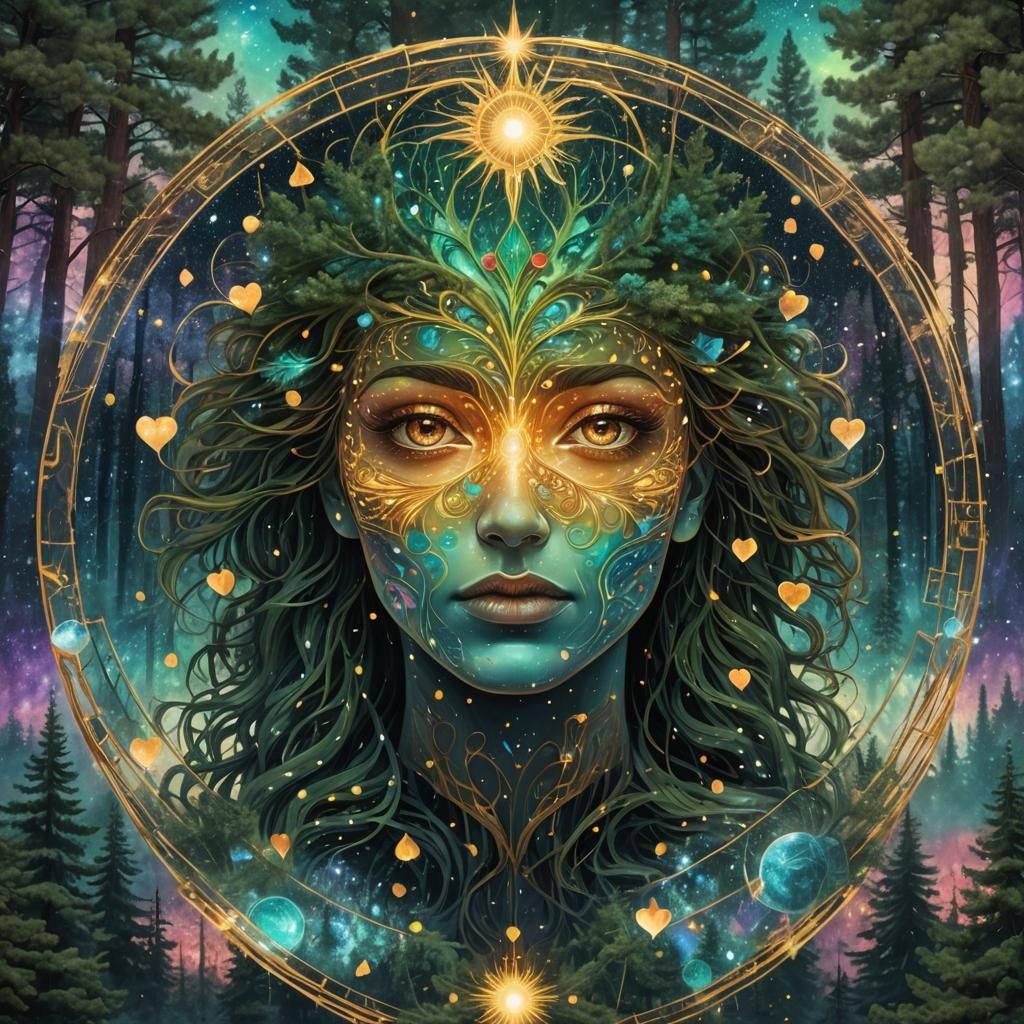 Holographic Astral Souls Blending in Evergreen Forest